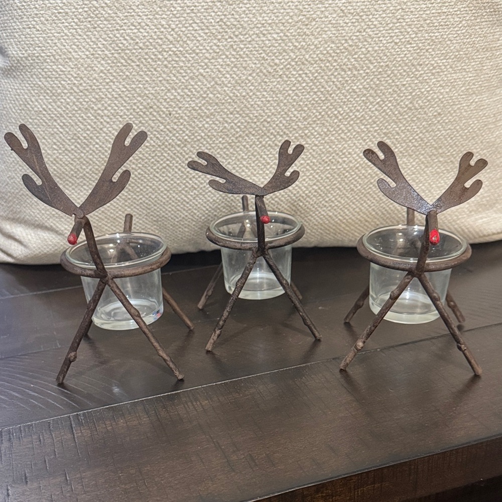 Rustic Reindeer Tealight Holders - Brown